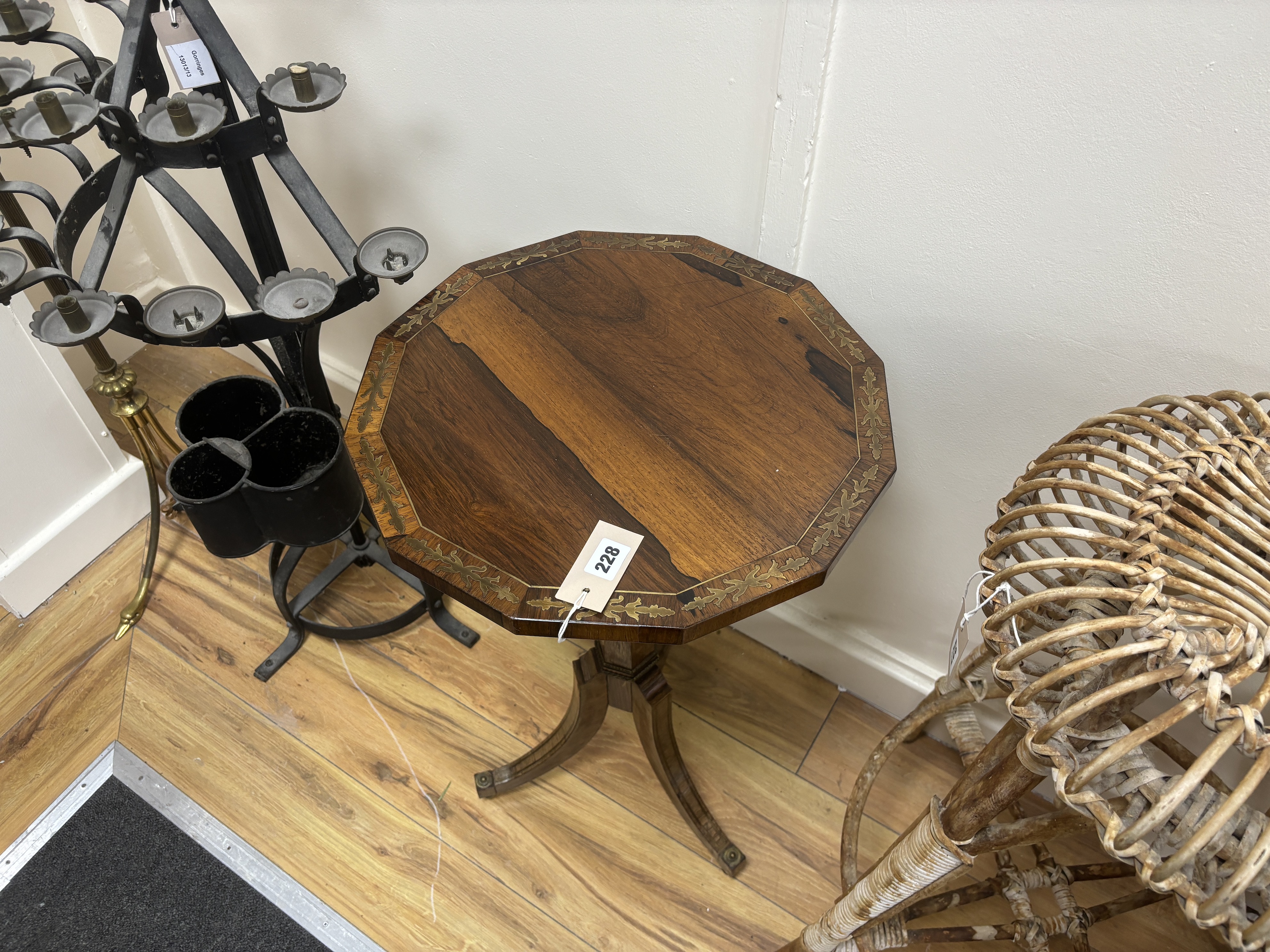 A Regency style cut brass inlaid rosewood tripod wine table, width 42cm, height 70cm